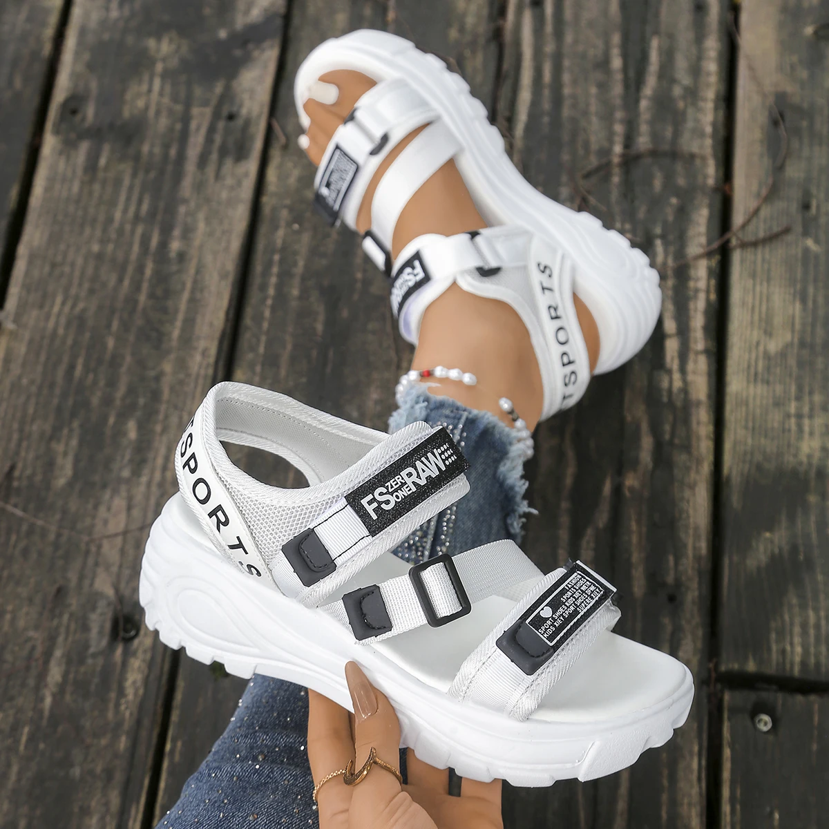 Velcro Strap Sandal - المرأة منصة صندل خشبي صيف جديد